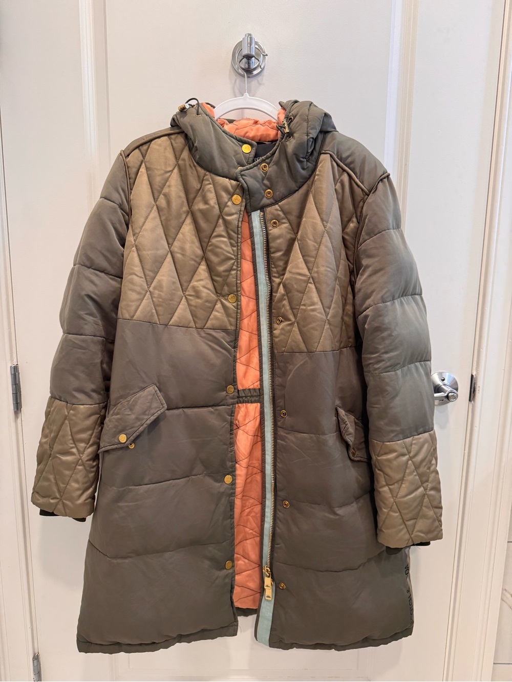 Scotch & Soda Olive Quilted Hooded Puffer with Peach Lining
